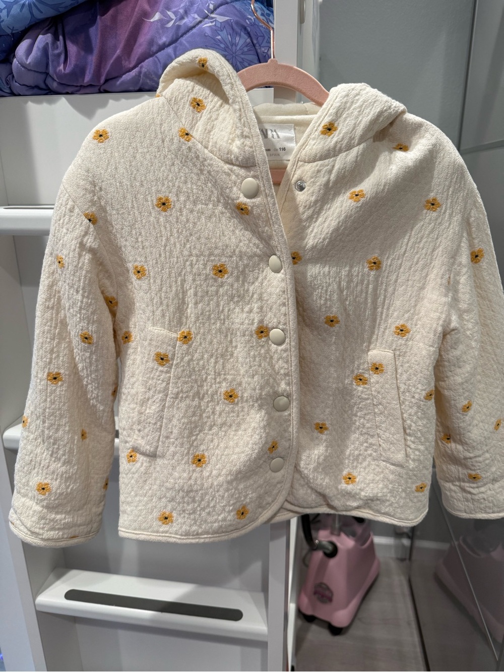 Zara Cream Quilted Hooded Jacket with Yellow Daisy Print